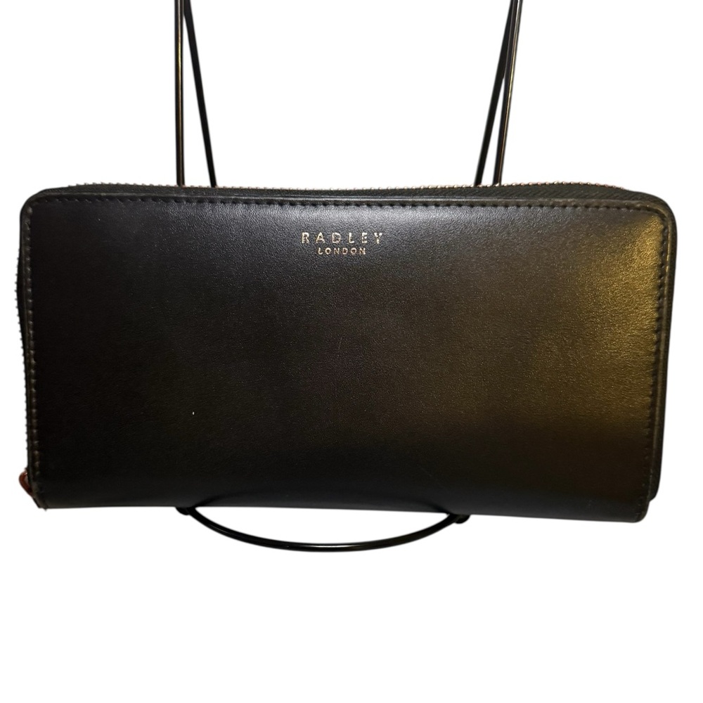 Radley London Easley Black Leather Zip Around Wallet Aqua Interior Rose Gold Zip